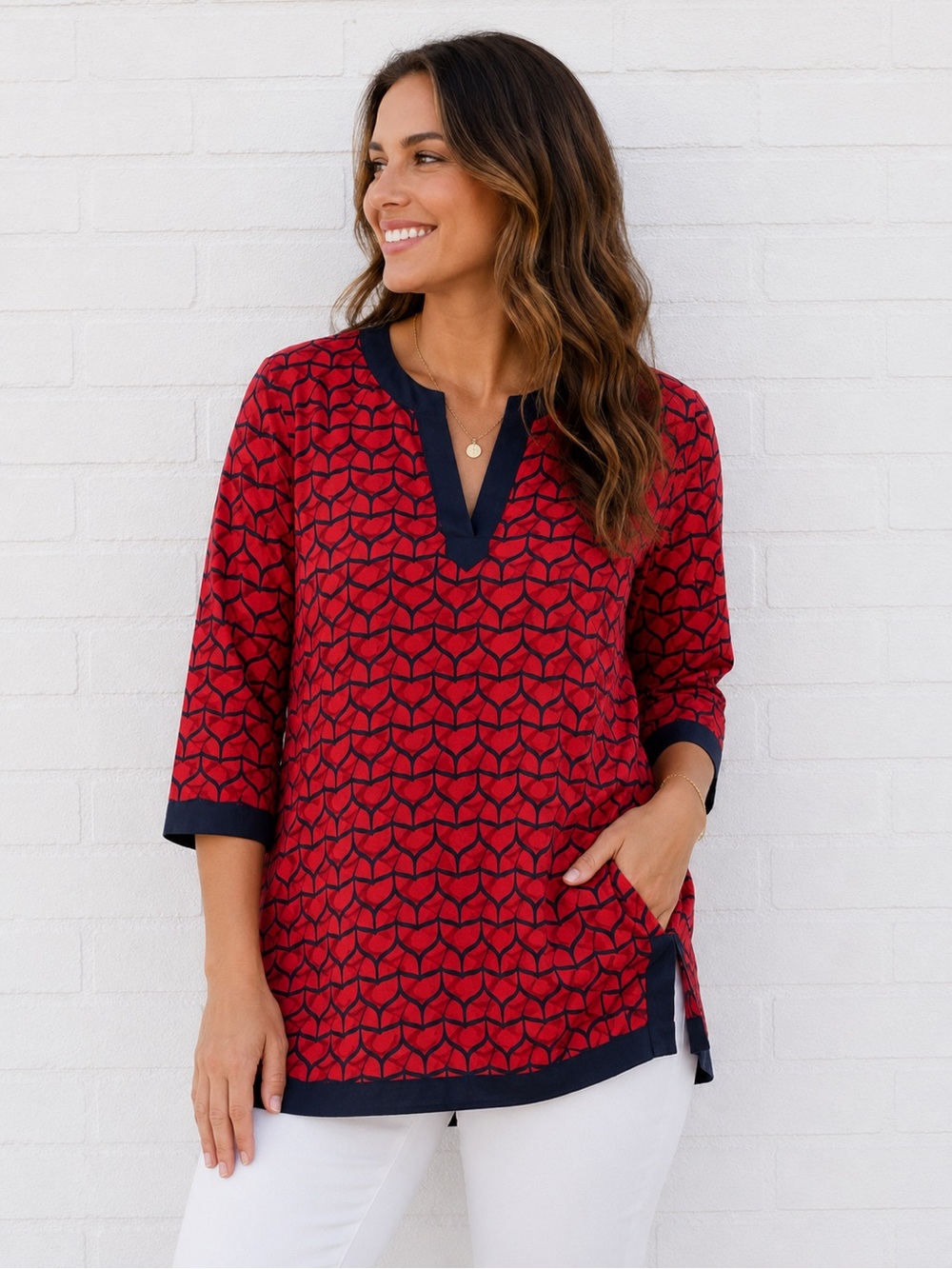 Top It Off Coastal Prep Nautical Tunic Cover Up Red Navy Small NWT